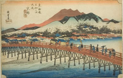 Kioto: Wielki Most w Sanjo (Keishi, Sanjo ohashi), z serii „Pięćdziesiąt trzy stacje Tokaido (Tokaido gojusan tsugi no uchi),” znany również jako Hoeido Tokaido autorstwa Utagawa Hiroshige