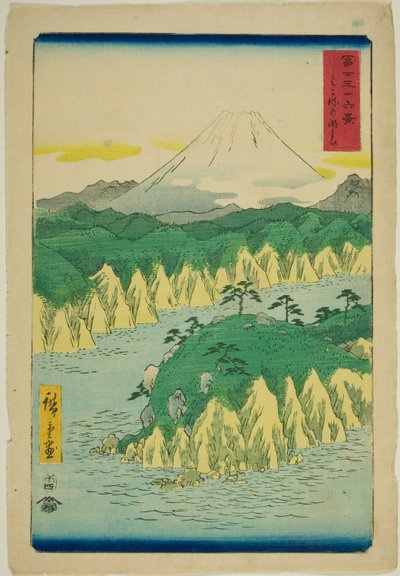 Jezioro w Hakone (Hakone no kosui), z serii „Trzydzieści sześć widoków na górę Fuji (Fuji sanjurokkei)” autorstwa Utagawa Hiroshige