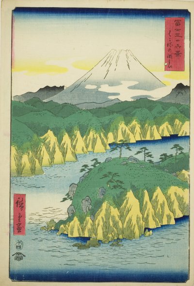 Jezioro w Hakone (Hakone no kosui), z serii „Trzydzieści sześć widoków na górę Fuji (Fuji sanjurokkei)” autorstwa Utagawa Hiroshige