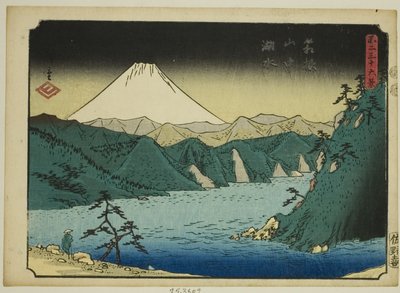 Jezioro w górach Hakone (Hakone sanchu kosui), z serii „Trzydzieści sześć widoków na górę Fuji (Fuji sanjurokkei)” autorstwa Utagawa Hiroshige