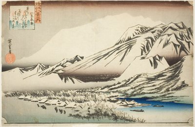 Utrzymujący się śnieg na górze Hira (Hira no bosetsu), z serii „Osiem widoków prowincji Omi (Omi hakkei no uchi)” autorstwa Utagawa Hiroshige