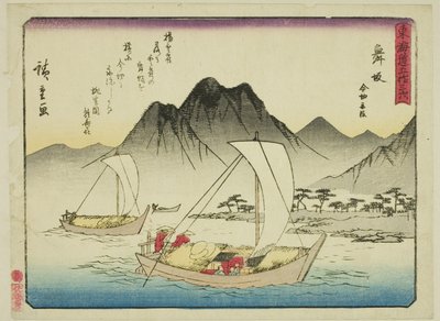 Maisaka: Prom w Imagiri (Maisaka, Imagiri funawatashi), z serii „Pięćdziesiąt trzy stacje Tokaido (Tokaido gojusan tsugi),” znany również jako Tokaido z wierszem (Kyoka iri Tokaido) autorstwa Utagawa Hiroshige