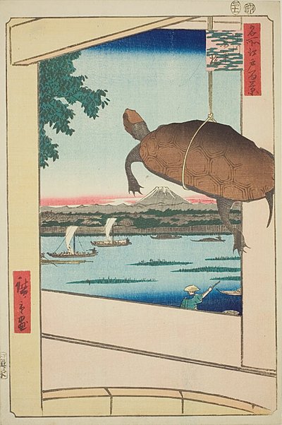 Most Mannen, Fukagawa (Fukagawa Mannenbashi), nr 56 z serii "Sto słynnych widoków Edo (Meisho Edo hyakkei)". autorstwa Utagawa Hiroshige
