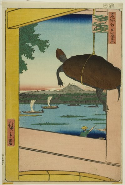 Most Mannen, Fukagawa (Fukagawa Mannenbashi), z serii "Sto słynnych widoków Edo (Meisho Edo hyakkei)". autorstwa Utagawa Hiroshige
