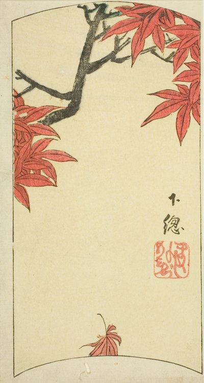 Liście klonu w prowincji Shimosa (Shimosa, momiji), część arkusza nr. 7 z cyklu "Wycinane obrazy prowincji (Kunizukushi harimaze zue)" autorstwa Utagawa Hiroshige