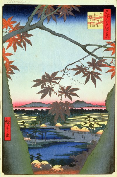 Maple Trees at Mam, Tekona Shrine and Linked Bridge, tablica 94 z serii Stu widoków Edo, Edo Edo, Ansei Era, 1857 (drewnodruk) autorstwa Utagawa Hiroshige