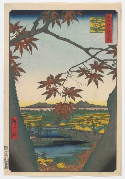 Drzewa klonowe w Mama, świątynia Tekona i połączony most, okres Edo, 1857 (kolorowa odbitka drzeworytnicza) autorstwa Utagawa Hiroshige