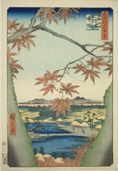 Klony w Mama, Tekona Shrine i Tsugi Bridge (Mama no momiji, Tekona no yashiro, Tsugihashi), z serii „Sto słynnych widoków Edo (Meisho Edo hyakkei)” autorstwa Utagawa Hiroshige