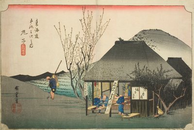 Mariko: Słynna herbaciarnia (Mariko, meibutsu chamise), z serii „Pięćdziesiąt trzy stacje na Tokaido Road (Tokaido gojusan tsugi no uchi),” znana również jako Hoeido Tokaido autorstwa Utagawa Hiroshige