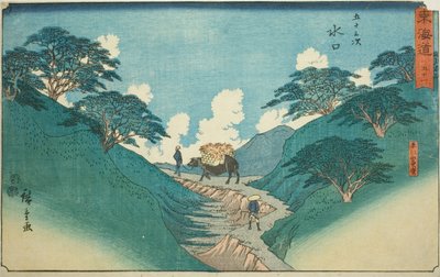 Minakuchi: Piękne sosny na górze Hiramatsu (Minakuchi, Hiramatsuyama bisho) – nr 51, z serii „Pięćdziesiąt trzy stacje Tokaido (Tokaido gojusan tsugi),” znanej również jako Reisho Tokaido autorstwa Utagawa Hiroshige