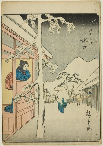 Minakuchi, z serii „pięćdziesiąt trzy dźwięki Stachi” „miejskości” (następna Goshuyama) Za każdym razem) autorstwa Utagawa Hiroshige