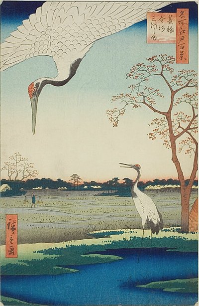 Minowa, Kanasugi, Mikawashima, nr 102 z serii "Sto słynnych widoków Edo (Meisho Edo hyakkei)". autorstwa Utagawa Hiroshige