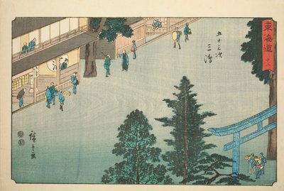 Mishima — nie. 12, z serii „Pięćdziesiąt trzy stacje Tokaido (Tokaido gojusan tsugi),” znanej również jako Reisho Tokaido autorstwa Utagawa Hiroshige