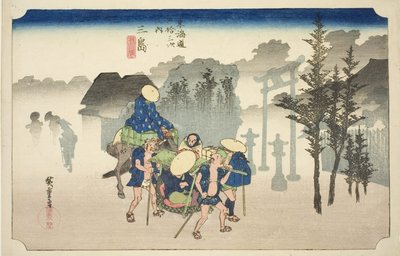 Mishima: Poranna Mgła (Mishima, asagiri), z serii „Pięćdziesiąt trzy stacje drogi Tokaido (Tokaido gojusan tsugi no uchi),” znanej również jako Hoeido Tokaido autorstwa Utagawa Hiroshige