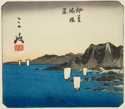 Mishima, część arkusza nr. 3 z serii "Wycinane obrazy Tokaido (Tokaido harimaze zue)" autorstwa Utagawa Hiroshige