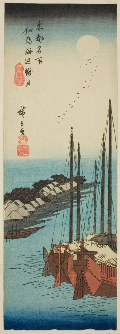 Misty Moonlight on the Shore at Tsukuda Island (Tsukudajima kaihen oborozuki), z serii „Słynne miejsca we wschodniej stolicy (Toto meisho)” autorstwa Utagawa Hiroshige