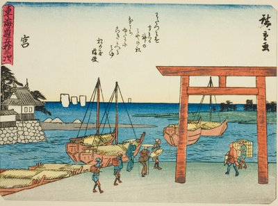 Miya, z serii „Pięćdziesiąt trzy stacje Tokaido (Tokaido gojusan tsugi),” znanej również jako Tokaido z wierszem (Kyoka iri Tokaido) autorstwa Utagawa Hiroshige