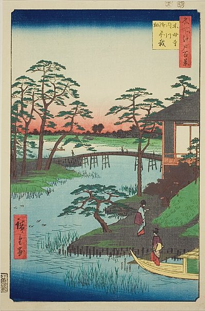 Świątynia Mokubo, zatoka Uchigawa, Gozensaihata (Mokuboji Uchigawa Gozensaihata), nr 92 z serii "Sto słynnych widoków Edo (Meisho Edo hyakkei)". autorstwa Utagawa Hiroshige