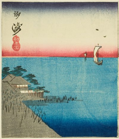 Morning Market at Nihon Bridge (Nihonbashi, asaichi), section of a sheet from the series "Cutouts of Famous Places in Edo (Harimaze Koto meisho)" autorstwa Utagawa Hiroshige