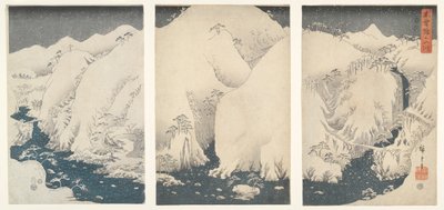 Góry i rzeki wzdłuż autostrady Kiso pod śniegiem autorstwa Utagawa Hiroshige