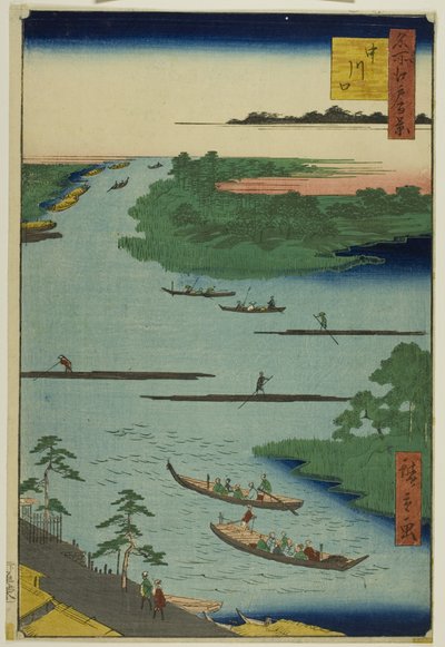 Ujście rzeki Nakawaga (Nakagawaguchi), z serii "Sto słynnych widoków Edo (Meisho Edo hyakkei)". autorstwa Utagawa Hiroshige