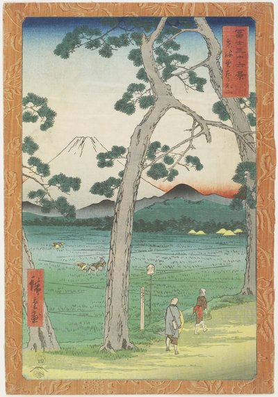 Góra Fuji na lewo Widziana z To_kaido_ Road, kwiecień 1858 autorstwa Utagawa Hiroshige