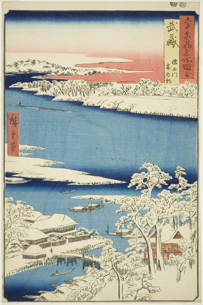Prowincja Musashi: Poranek po śniegu nad rzeką Sumida (Musashi, Sumidagawa yuki no ashita), z serii „Słynne miejsca w sześćdziesięciu nieparzystych prowincjach (Rokujuyoshu meisho zue)” autorstwa Utagawa Hiroshige