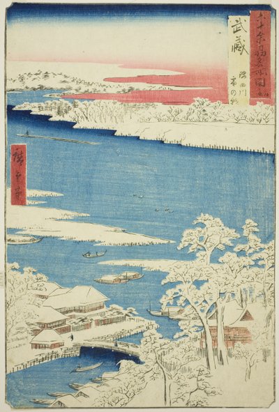 Prowincja Musashi: Poranek po śniegu nad rzeką Sumida (Musashi, Sumidagawa yuki no ashita), z serii „Słynne miejsca w sześćdziesięciu nieparzystych prowincjach (Rokujuyoshu meisho zue)” autorstwa Utagawa Hiroshige