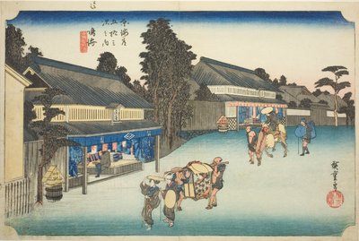 Narumi: Słynne barwione tkaniny Arimatsu (Narumi, meibutsu Arimatsu shibori), z serii „Pięćdziesiąt trzy stacje Tokaido (Tokaido gojusan tsugi no uchi)”, znane również jako Hoeido Tokaido autorstwa Utagawa Hiroshige