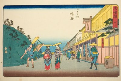 Narumi: Sklepy sprzedające słynną farbowaną tkaninę (Narumi, meisan shibori mise) — nie. 41, z serii „Pięćdziesiąt trzy stacje Tokaido (Tokaido gojusan tsugi),” znanej również jako Reisho Tokaido autorstwa Utagawa Hiroshige