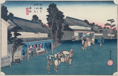 Narumis: vietinė audinių Arimatsu Shibori parduotuvė, iš serijos „Penkiasdešimt trys Tokaido stotys“, apie 1834–1835 m. (spalvotas medžio bloko spaudinys) autorstwa Utagawa Hiroshige