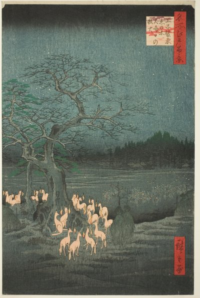 Lis sylwestrowy podpala zmieniające się drzewo (Ōji shozoku enoki omisoka no kitsunebi), z serialu Sto słynnych widoków Edo (Meisho Edo hyakkei) autorstwa Utagawa Hiroshige