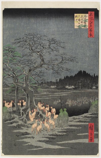 Sylwestrowe pożary lisów w Nettle Tree, O_ji, wrzesień 1857 r. autorstwa Utagawa Hiroshige