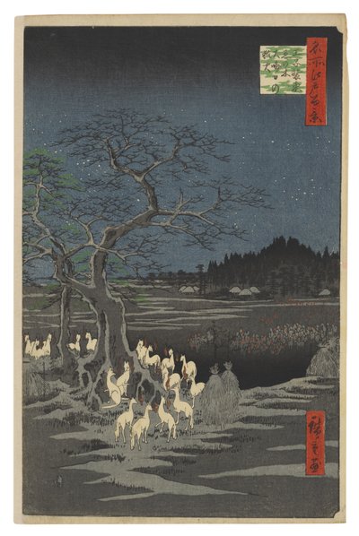 Lisie ognie w noc sylwestrową przy Drzewie Przemiany, Ōji autorstwa Utagawa Hiroshige