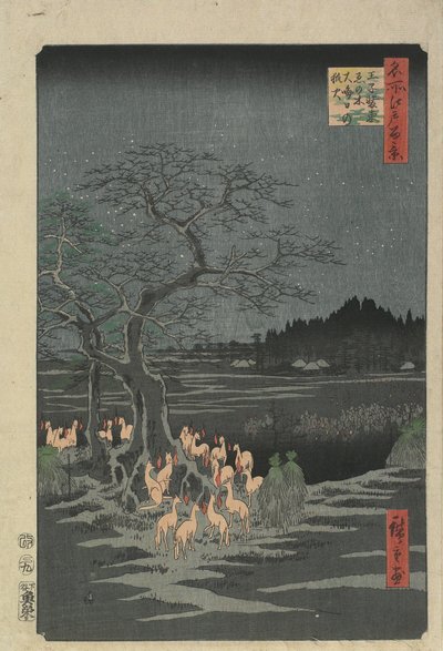 Sylwester Foxfires w Hackberry Tree w O_ji, 1857 autorstwa Utagawa Hiroshige