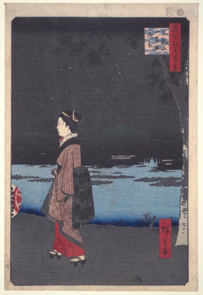 Nocny widok na kanał Sanya, wzgórze Matsuchi z serii Sto słynnych widoków Edo autorstwa Utagawa Hiroshige