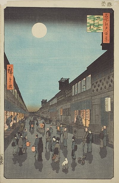 Nocny widok Saruwaka-machi (Saruwaka-machi yoru no kei), nr 90 z serii "Sto słynnych widoków Edo (Meisho Edo hyakkei)". autorstwa Utagawa Hiroshige