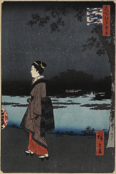Nocny widok na kanał Sanya, wzgórze Matsuchi, sierpień 1857 autorstwa Utagawa Hiroshige