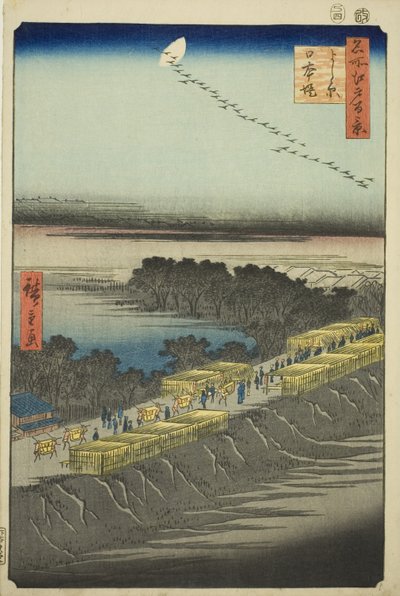 Japońska wersja obrazu k powierzchnia t, Yoshiwara (Yoshiwara Nihon Tsutsumi), z serii „Ridge part d red d fa net s view ws of Edo (Sto słynnych widoków Edo)” autorstwa Utagawa Hiroshige