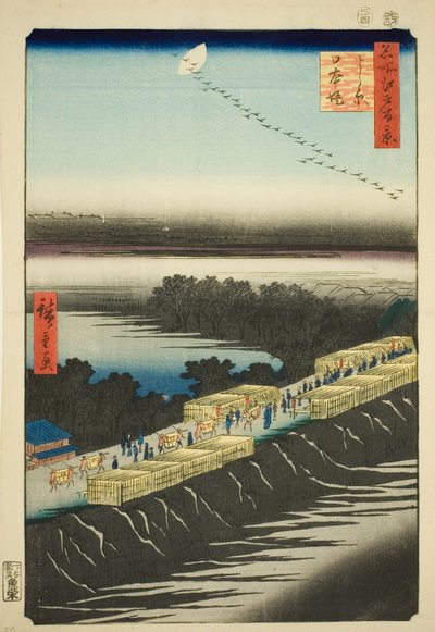 Japońska wersja obrazu k powierzchnia t, Yoshiwara (Yoshiwara Nihon Tsutsumi), z serii „Grzbiet na grzbiety d fa net s Widoki Edo (Sto słynnych widoków Edo)” autorstwa Utagawa Hiroshige