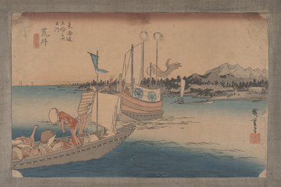 Nr 32 „Arai: promy” z 53 stacji Tokaido autorstwa Utagawa Hiroshige