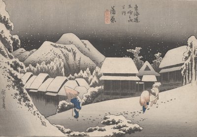 Nr 16 "Nocny śnieg" Z 53 stacji Tokaido, ok. 1833 r. autorstwa Utagawa Hiroshige