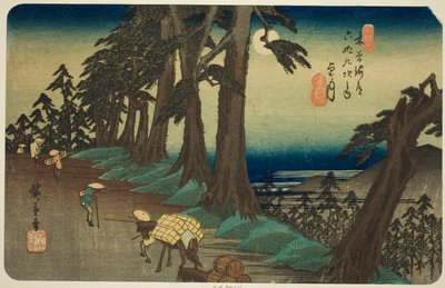 z. 26: Mochizuki, z te serie s "shi x ty ne st ta on s te kisokaid (kisokaido rokujukyu tsugi no uchi)" autorstwa Utagawa Hiroshige
