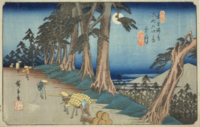 z. 26: Mochizuki, z te serie s "shi x ty ne st ta on s te kisokaid (kisokaido rokujukyu tsugi no uchi)" autorstwa Utagawa Hiroshige