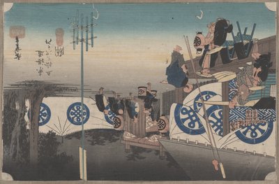 Nr 48 „Seki: Wczesny wyjazd z Honjin” z 53 stacji Tokaido, ok. 1834 autorstwa Utagawa Hiroshige