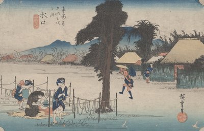 Nr 51 „Minakuchi: Słynne suszone wióry z tykwy” z 53 stacji Tokaido, ok. 1833 autorstwa Utagawa Hiroshige