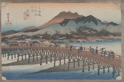 Nr 55 „Kioto: Wielki most Sanjo” Z 53 stacji Tokaido, ok. 1833 autorstwa Utagawa Hiroshige