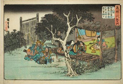 Nr 6: Ise no Saburo przysięga lojalność wobec Ushiwakamaru (Rokukai, Ise no Saburo ga kakurega ni yadorite Ushiwakamaru shuju o yakusu), z serii „Życie Yoshitsune (Yoshitsune Ichidaiki no uchi)” autorstwa Utagawa Hiroshige