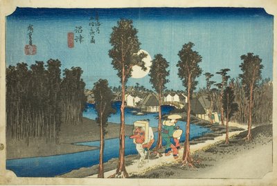 Numazu — Zmierzch (Numazu — tasogare zu), z serii Pięćdziesiąt trzy stacje na drodze Tōkaidō (Tōkaidō gojūsan tsugi no uchi) autorstwa Utagawa Hiroshige