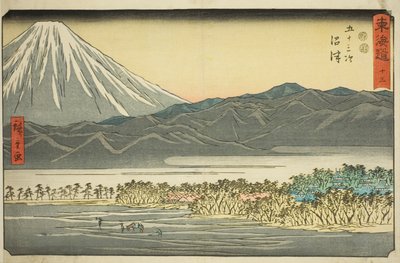 Numazu — nie. 13, z serii „Pięćdziesiąt trzy stacje Tokaido (Tokaido gojusan tsugi),” znanego również jako Reisho Tokaido autorstwa Utagawa Hiroshige